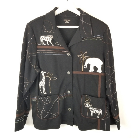 Allison Daley‎ Petite Medium Black Embroidered Animals Jersey Knit Blazer Jacket - Picture 1 of 8